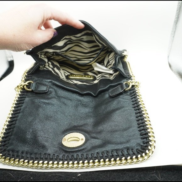 Steve Madden Black Satiny Fold Over Crossbody Purse with Gold Tone Chain - Picture 6 of 10
